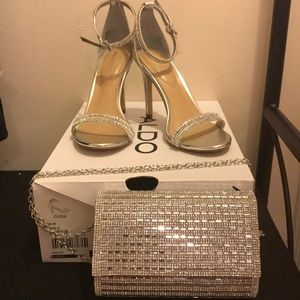 silver rhinestone high heel sandal with clutch